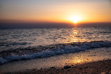 Fototapeta premium Beautiful scenic sunset view of iconic Posidi sandy beach, paradise cape and Peninsula in Kassandra, Halkidiki, North Greece. 