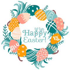 Easter wreath with eggs, herbs, grass. Text Happy Easter! Spring home decor. Ideal for sticker kit, greeting cards, tags.