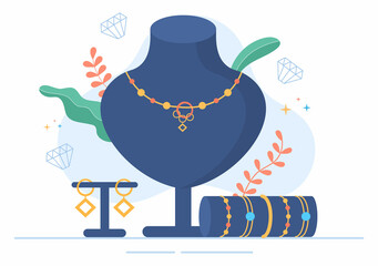 Jewelry Accessories Such as Necklaces, Earrings and Bracelets Designed by Jewelers from Gems in Flat Style illustration for Poster Background