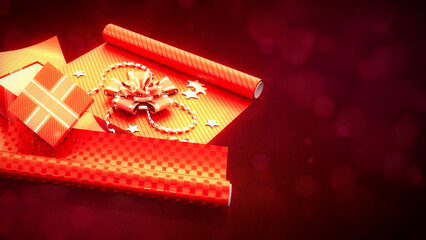 red gift wrapping and gift on festal backdrop - abstract 3D illustration