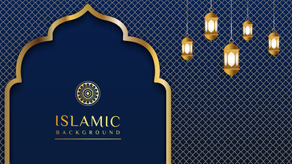 Blue Islamic background with golden ornament border pattern and green color, ramadan background concept