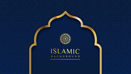 Blue Islamic background with golden ornament border pattern and green color, ramadan background concept