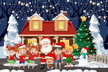 Christmas winter scene with happy children