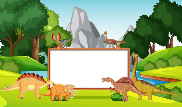 Scene with dinosaurs and whiteboard in the forest