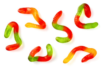 Gummy worms isolated on the white background, top view