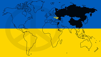 U.N. General Assembly denounces Russia over Ukraine invasion. World map with the ukraininian flag and the peace symbol.