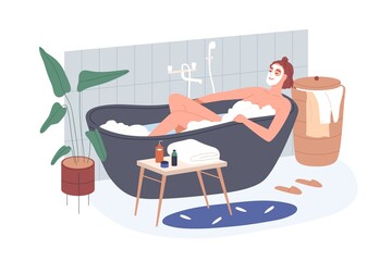 Fototapeta premium Woman taking bath in home bathroom. Female with facial mask relaxing in bathtub water with soap foam, bubbles. Beauty and body care routine. Flat vector illustration isolated on white background