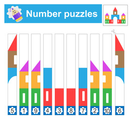 Obraz premium Number puzzles with cartoon house. Cut and assemble. Preschool worksheet activity. Printable worksheet.