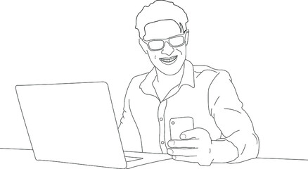 Man with glasses sitting at a laptop with a smartphone in his hand