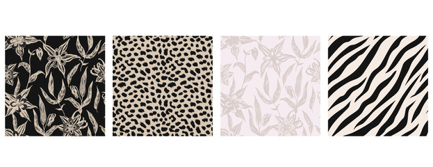 Set of animal fur and columbine flowers seamless patterns © Natalie