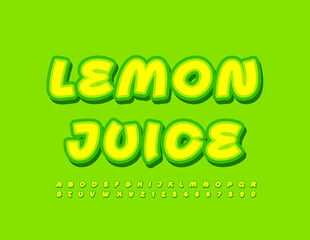 Vector creative emblem Lemon Juice. Bright Yellow Font. Sticker set of Alphabet Letters and Numbers