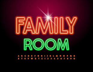 Vector Neon logo Family Room. Modern Glowing Font. Creative Alphabet Letters and Numbers set