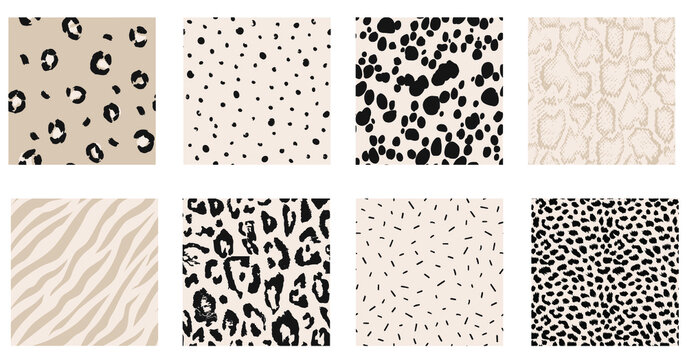 Set of monochrome black, beige and cream animal fur texture seamless patterns
