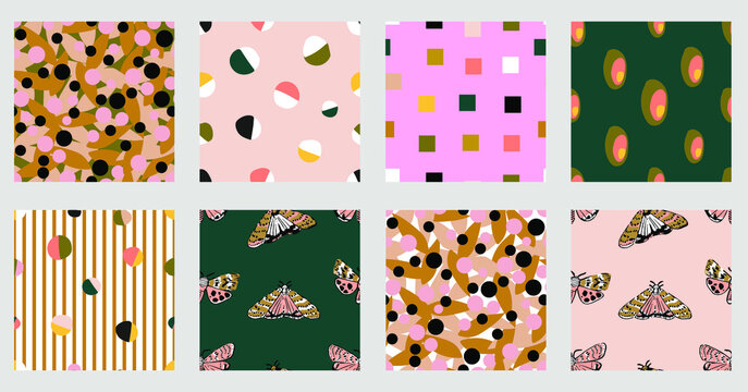  Set of seamless patterns with butterflies, spring textures and abstract ornamnets.