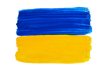 Ukrainian flag painted with paint on a clean white background isolate. Peace to Ukraine, stop war concept.