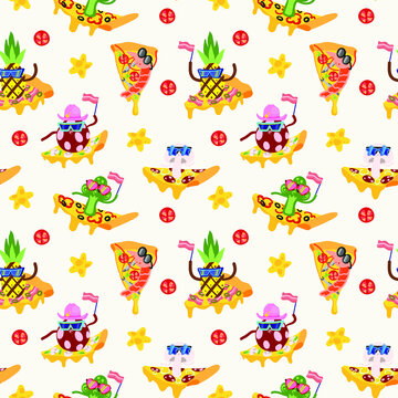 Cartoon pizza and funny food characters seamless pattern.