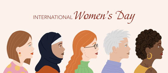 Five diverse women stand together for international women's day and gender équality