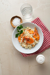 Top view of Rice with prawns in white plate food