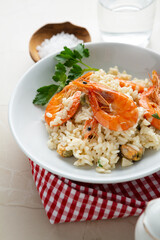 Rice with prawns in white plate food
