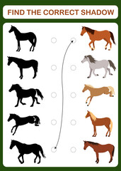 A children's educational game with horses called "find the correct shadow". Vector illustration