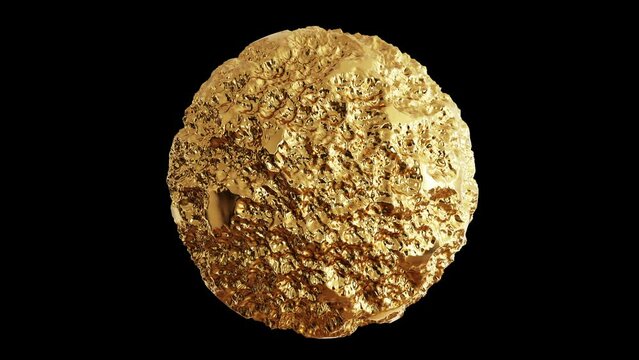 Closeup Abstract Golden Sphere 3D Rotation  on black background. 3D animation. alpha element.