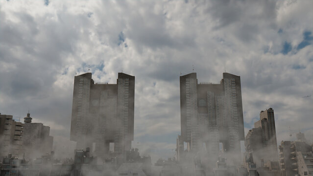 Constructivist Cityscape. Soviet Modernist Architecture against a Cloudy Afternoon Sky.