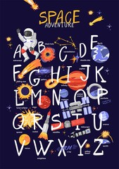Cosmic alphabet with letters and symbols of space isolated on white. Poster with an astronaut, space station, a satellite, planets, stars, constellations for wall decor. Cartoon vector illustration