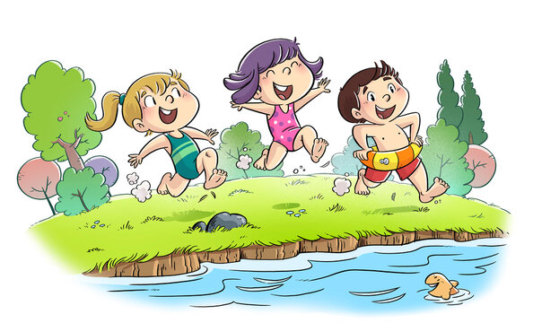 Illustration of children in swimsuits running to bathe in the river