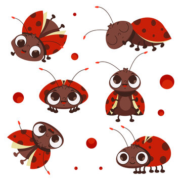 The character is a ladybug. A set of vector illustrations in cartoon style.