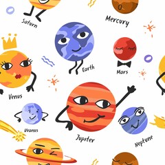 Cartoon seamless pattern with astronaut, rocket, satellite, planet, stars, comet, constellation isolated on blue. Space background for print on fabrics, wallpaper, wrapping paper. Vector illustration