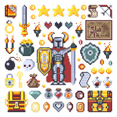 Obraz premium Pixel Art Medieval Knight Game Elements