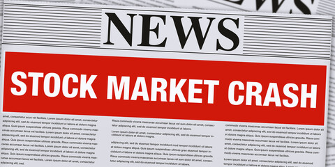 Stock Market Crash News on the newspaper background with red highlight. Market crashing concept backdrop