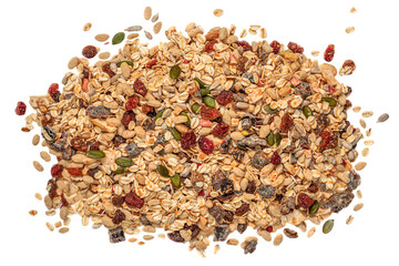 Oat flakes with Nuts, seeds and dried fruits isolated on white background. Granola Flat lay. Top view.