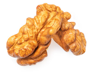 Walnut Isolated. Pile of Walnut kernel Nut  on white background. Top view. Flat lay.