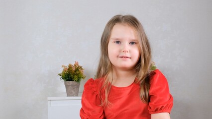 Portrait of sweet little girl age 4 in red dress at home