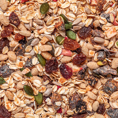 Oat flakes wallpaper with Nuts, seeds and dried fruits. Muesli  Pattern.