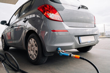 Filling car petrol. Pump gas fuel at gasoline oil station for nozzle tank. Black handle of the...