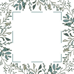 Botanical frame with stylized leaves and branches, herbs. Hand-drawn template use for decoration wedding invitations and greeting postcards, for design florist shop, posters.