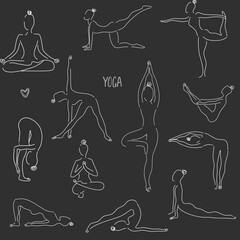 Vector seamless pattern in line art style of woman doing yoga. Set of yoga poses. Dark background. Pattern for yoga studio, textile. Girl in a yoga pose