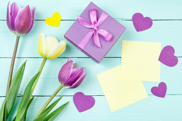 The concept of the celebration. Lilac and yellow tulips, a gift (a box with a bow) paper for notes and hearts on a blue (mint) background. Space for text (copy paste). Valentine's day, birthday.