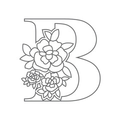  Floral alphabet letter B coloring book for kids. Vector illustration of educational alphabet latter with flower art work coloring pages. Doodle style.
