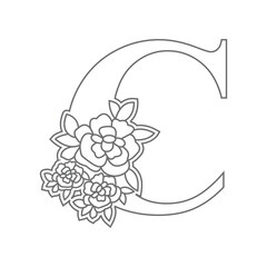 
Floral alphabet letter  C coloring book for kids. Vector illustration of educational alphabet latter with flower art work coloring pages. 
Doodle style.