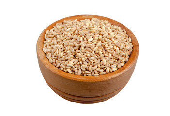 Wooden bowl full of wheat grains,on the white background