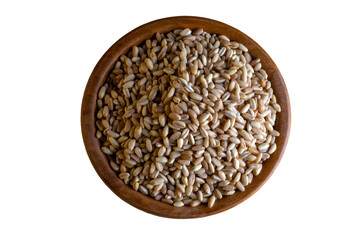 Wooden bowl full of wheat grains,on the white background