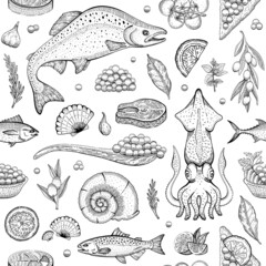 Seafood fish vector background. Sea food sketch pattern. Salmon, squid, shellfish, calamari, caviar, seashell seamless drawing. Grill menu illustration. Vintage drawn restaurant dish. Seafood pattern