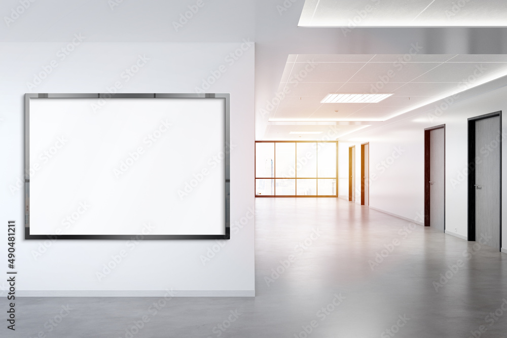 Poster black horizonal frame mockup hanging on wall. mock up of a billboard in modern concrete office inter