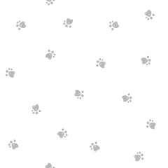 Naklejka na ściany i meble Cat paw print vector seamless pattern. Pet steps texture