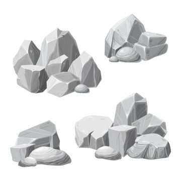 Rocks and debris of the mountain. granite cobbles, boulders on white background. heap of cobblestones. gray stones of various shapes. cartoon style illustration. for games ui or graphic design.