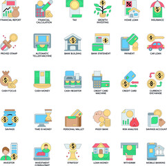 Banking color flat vector icon collection set