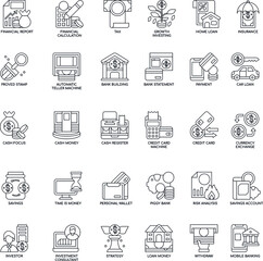 Banking outline flat vector icon collection set